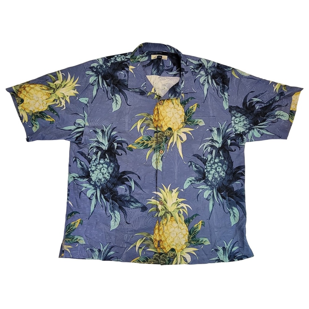Tommy Bahama Mens Silk Hawaiian Shirt Pineapples Tropical Blue Short Sleeve XL